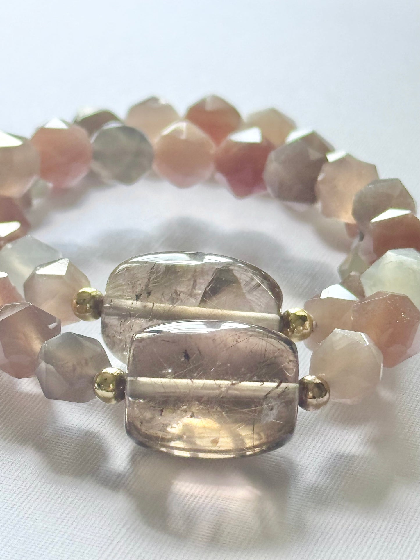 Golden Rutile Quartz natural golden needles for abundance & clarity in shimmering Moonstone