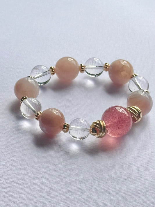 Enchanting Strawberry Quartz, Pink Sakura Agate and Clear Quartz Bracelet