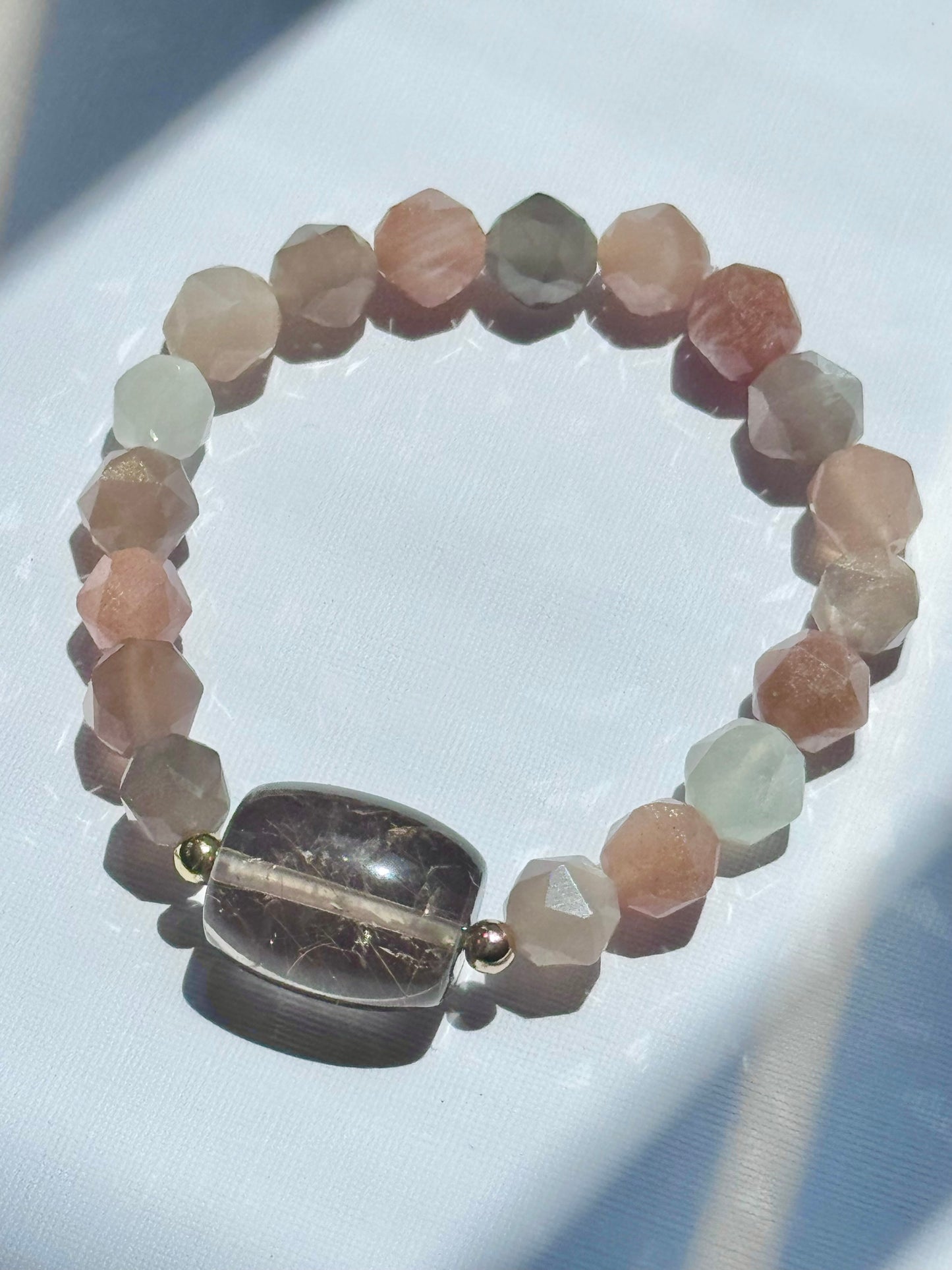 Golden Rutile Quartz natural golden needles for abundance & clarity in shimmering Moonstone