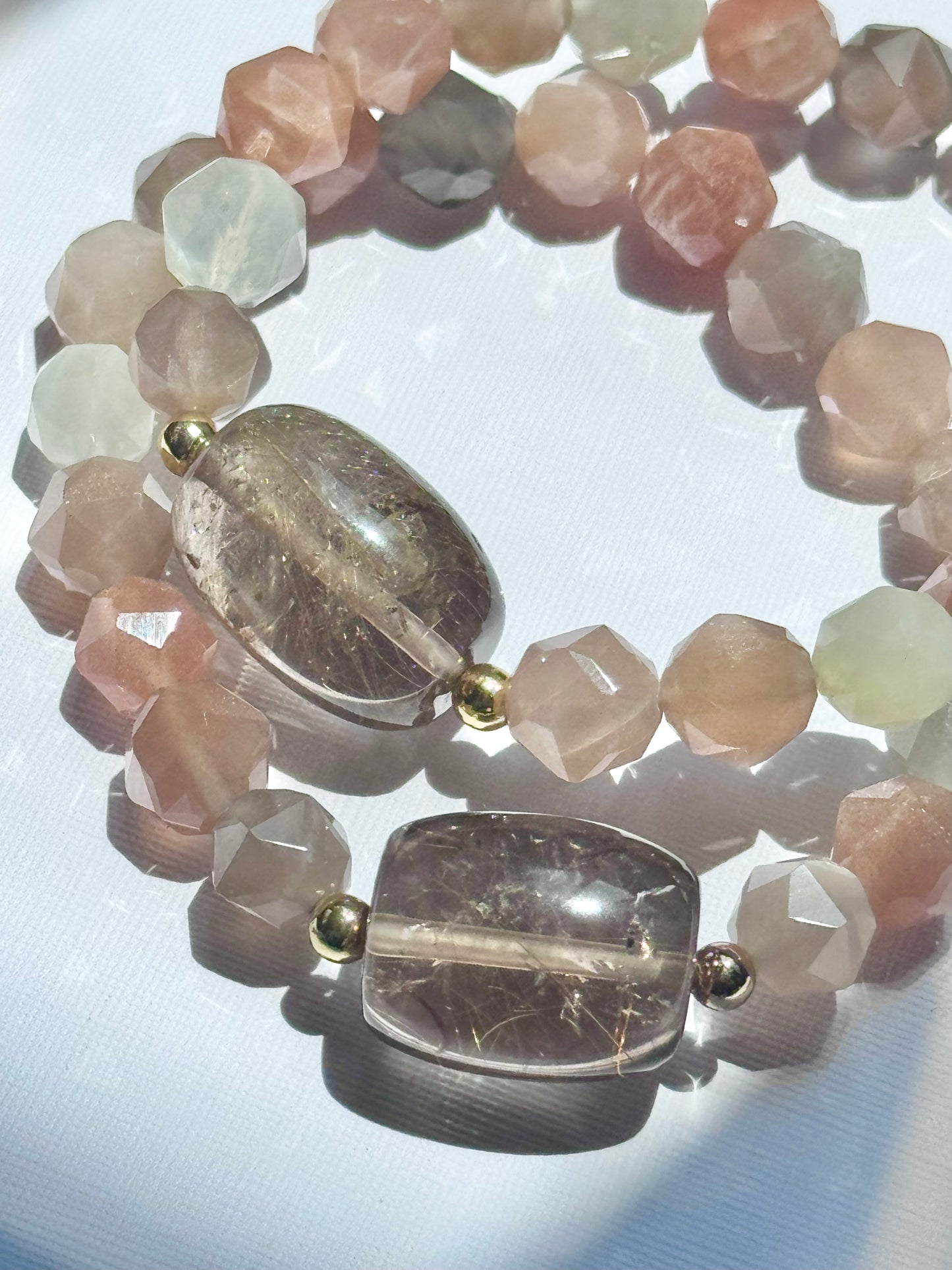 Golden Rutile Quartz natural golden needles for abundance & clarity in shimmering Moonstone