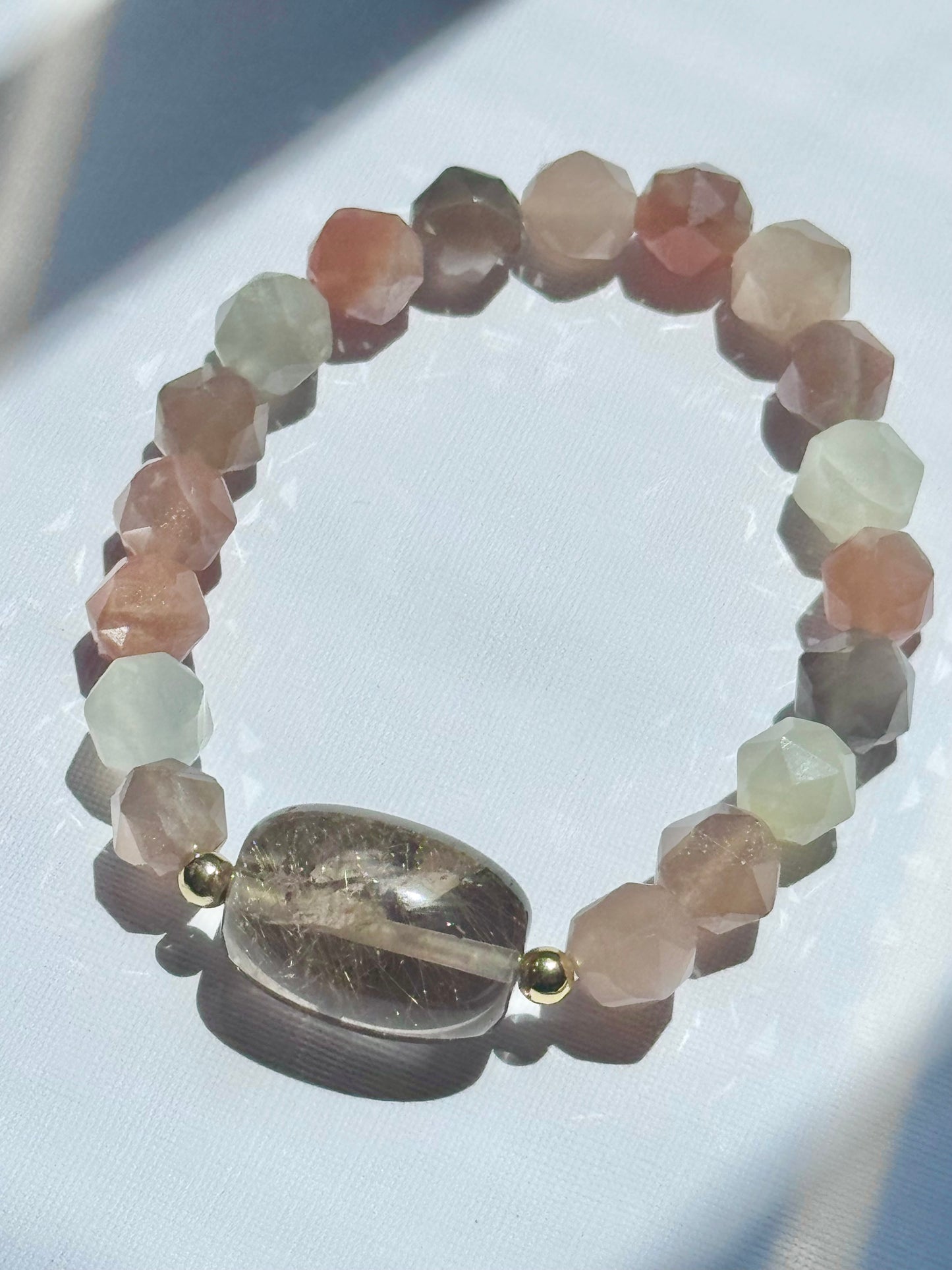 Golden Rutile Quartz natural golden needles for abundance & clarity in shimmering Moonstone