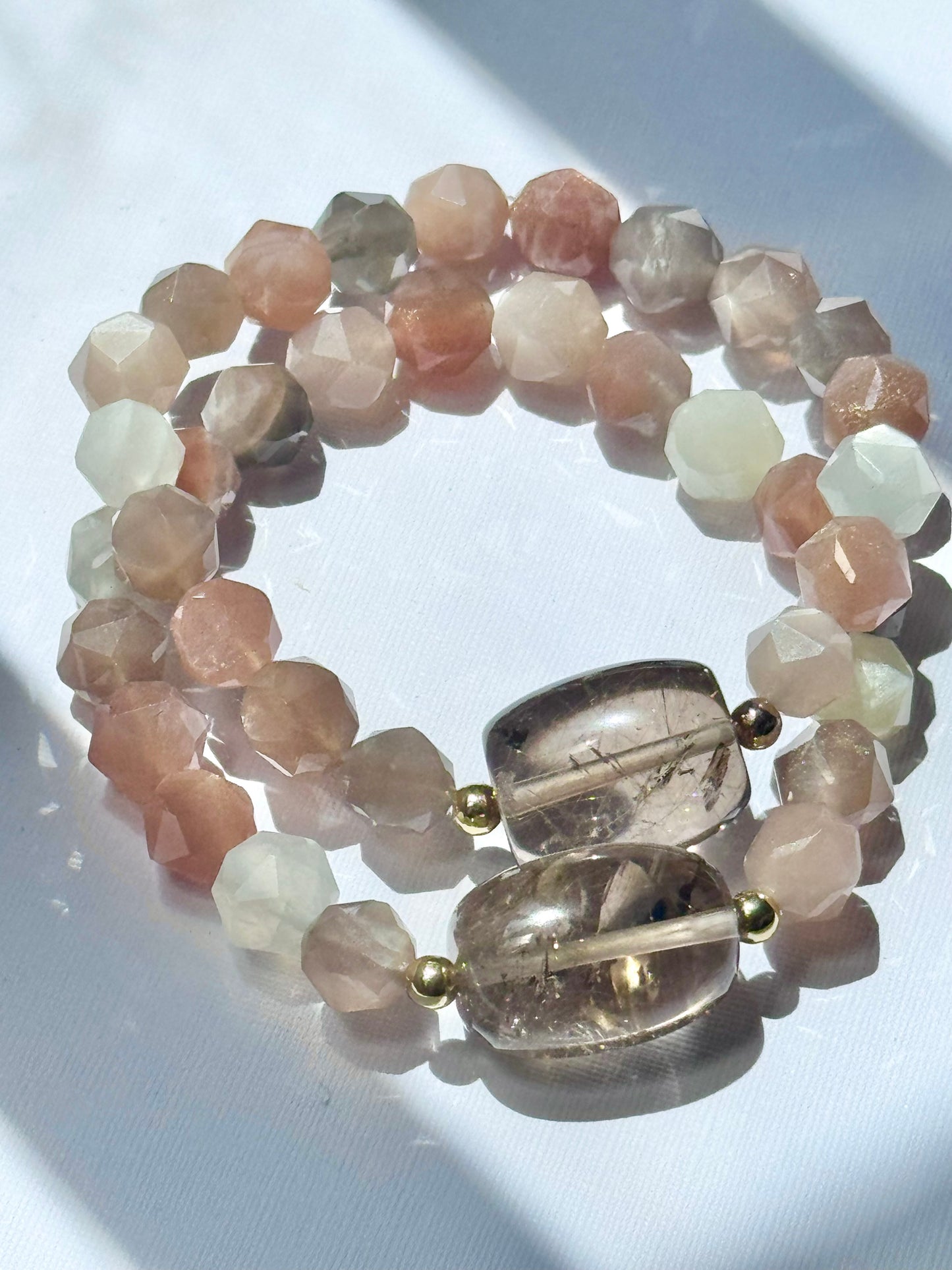 Golden Rutile Quartz natural golden needles for abundance & clarity in shimmering Moonstone