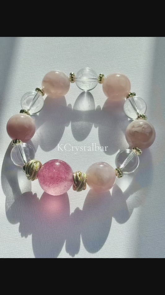Enchanting Strawberry Quartz, Pink Sakura Agate and Clear Quartz Bracelet
